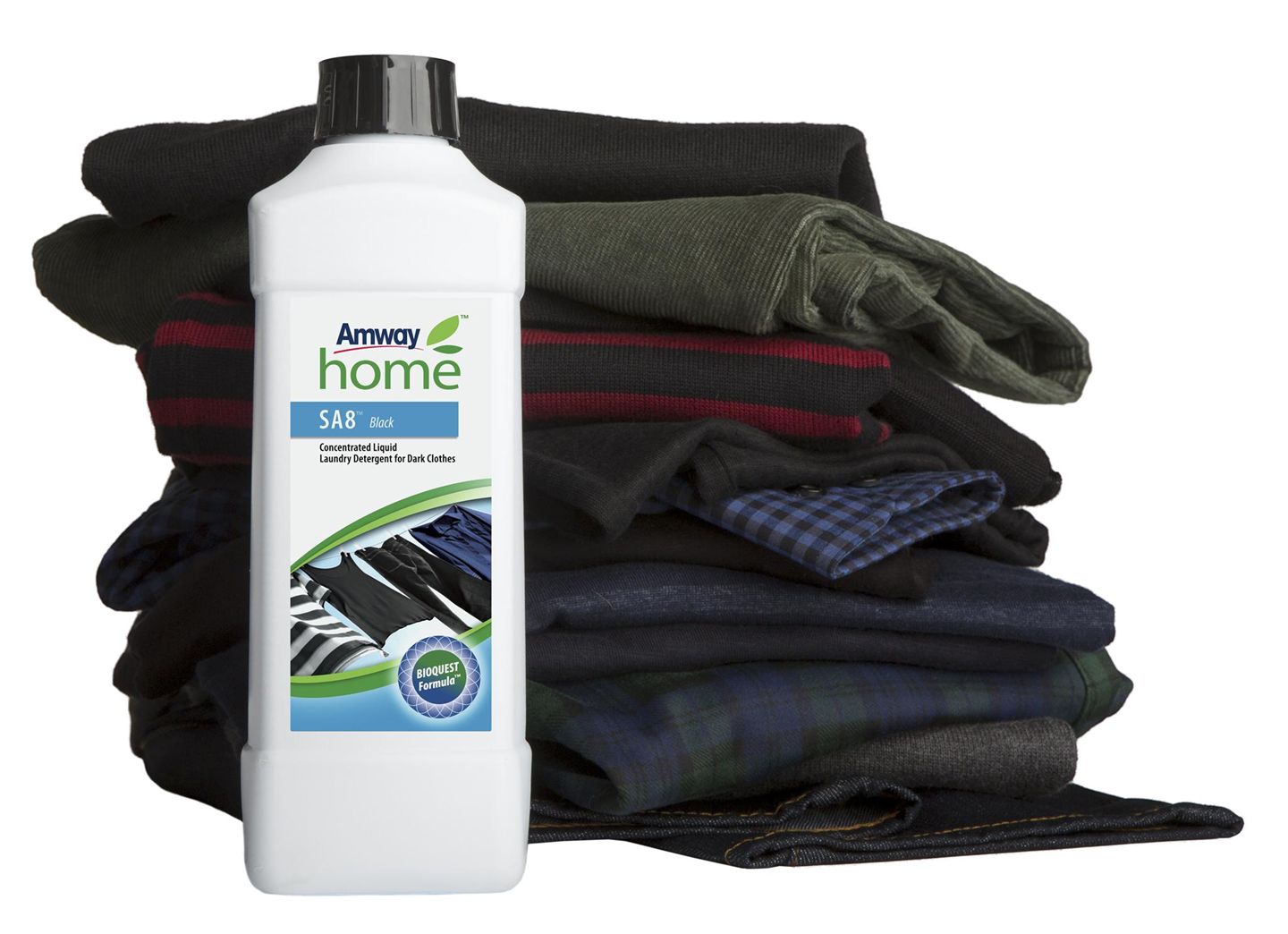 A bottle of SA8 Black Concentrated Liquid Laundry Detergent sits next to a pile of folded dark clothes. SA8 Black Concentrated Liquid Laundry Detergent is specially formulated to keep black and dark-colored fabrics looking newer longer - especially those made of cotton.