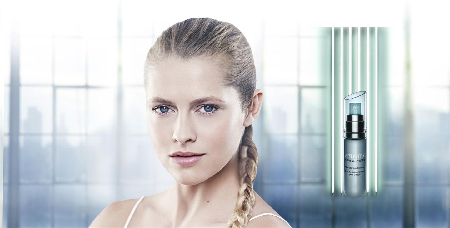 Model Teresa Palmer and a bottle of Artistry Intensive Skincare Advanced Skin Refinisher. Our Advanced Skin Refinisher has an exclusive blend of optical diffusers and natural ingredients that refines skin texture with the power of a professional fraction laser treatment (results not equivalent to surgical/cosmetic procedures).