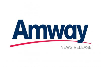 Amway blue logo with red stripe under and News release in text