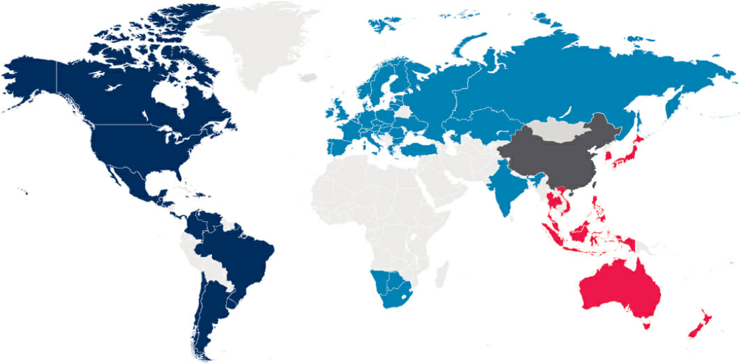 World map with parts of continents highlighted in color