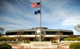 front of WHQ showing Executive offices and American flag