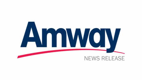 Amway logo in blue with red stripe below and News release in text