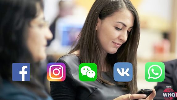 Woman using a phone with social media icons overlayed