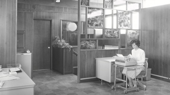 Concourse entrance: Open office space, prior to board room installation, circa 1962
