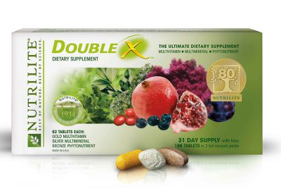 Box of Nutrilite Double X dietary supplement with the 80th anniversary seal