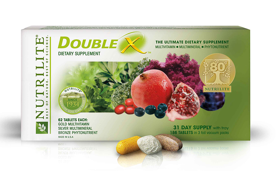 Box of Nutrilite Double X dietary supplement with the 80th anniversary seal