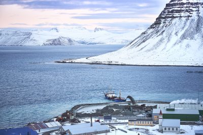 Aerial view of Bildudalur on the coast of Iceland