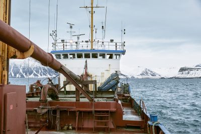 View on a boat harvesting Calcified Seaweed off the coast of Bildudalur, Iceland.