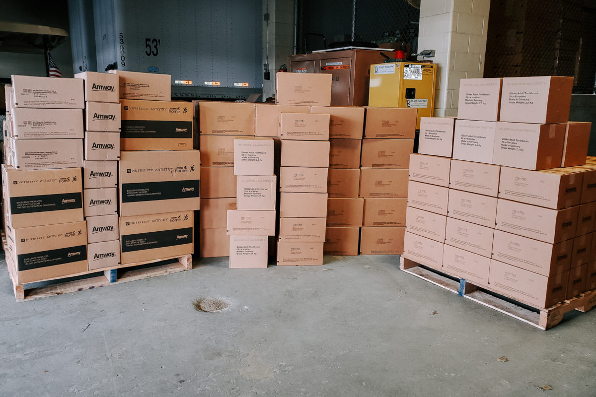 Boxes of Amway supplies ready to be shipped out