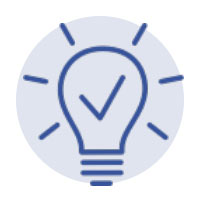 Blue icon of a light bulb with a check mark in the middle