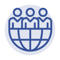 Blue icon of three people inside the bottom half of a globe