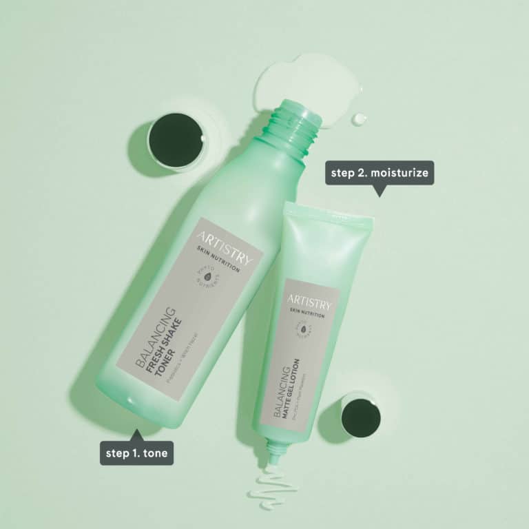 Mint backdrop with the balancing fresh shake toner "step 1. tone" and balancing matte gel lotion "step 2. moisturize"