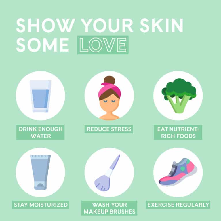 Light green background with text and corresponding graphics, "Show your skin some love. drink enough water, reduce stress, eat nutrient-rich foods, stay moisturized, wash your makeup brushes, and exercise regularly".