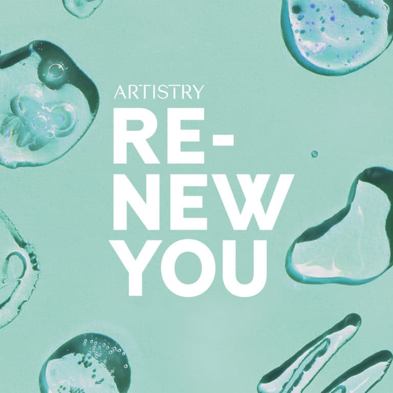 Top view of blots and smears of various lotions and gels spread on teal background. Beauty product of the year "Artistry Re-new you"