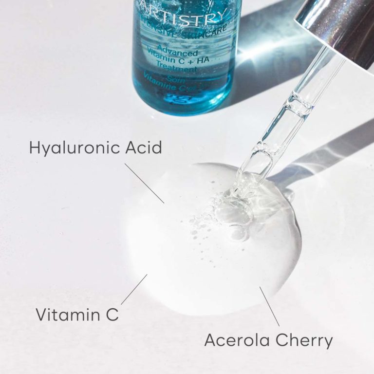 Dabble of serum on a surface with labels "Hyaluronic Acid, Vitamin C, and Acerola Cherry"