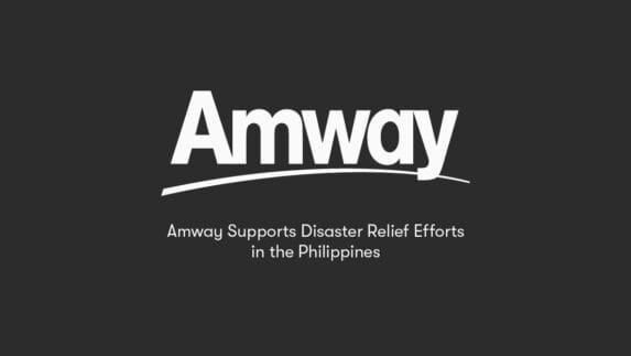 Dark gray banner with Amway logo and text reading "Amway Supports Disaster Relief Efforts in the Philippines"