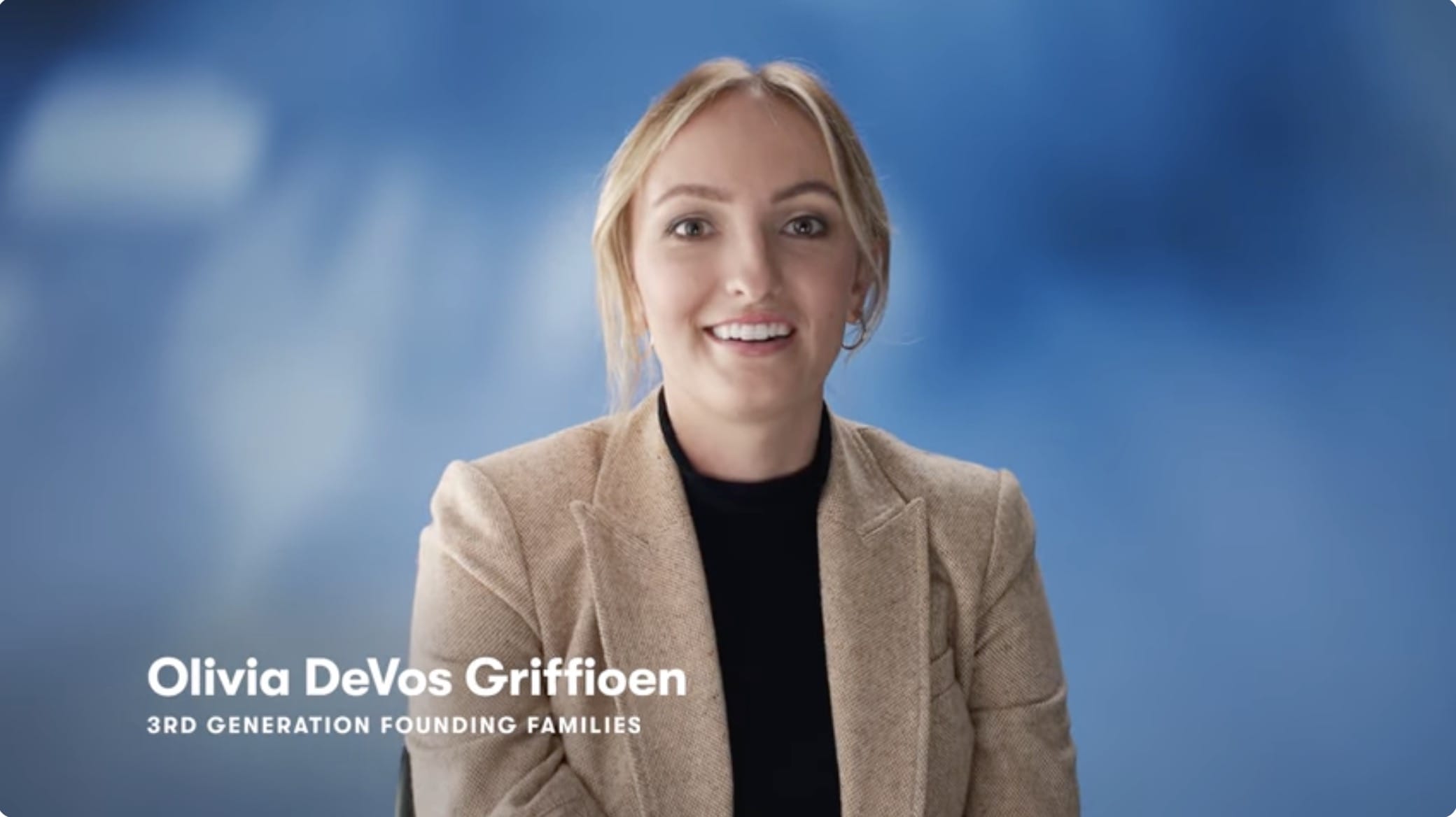 Video thumbnail of Olivia DeVos Griffioen wearing a black shirt and light brown blazer in front of a blue background. She is discussing the integrity she sees in her family and in Amway.