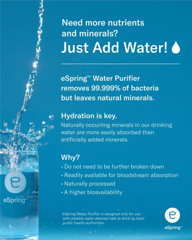 Did you know that the water you’re drinking could have naturally occurring minerals like sodium and chloride? 💧

These minerals provide our bodies with vital electrolytes, and they’re easier to absorb when they occur naturally vs. when they’re artificially added. That’s why the #NeweSpring Water Purifier doesn’t filter out any of the good stuff 🙌

#Amway #ClearlyBetter #JustAddWater