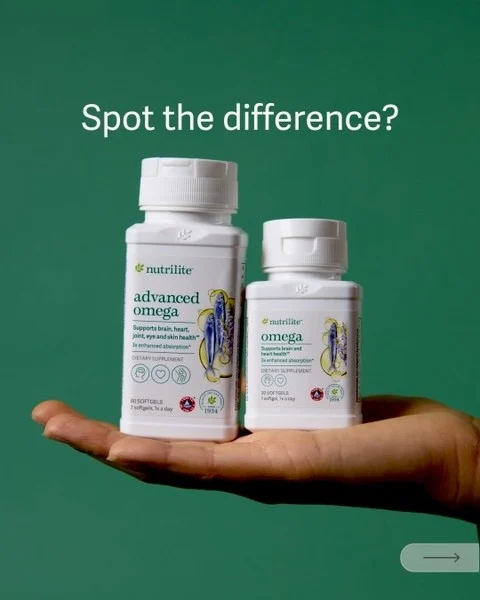 What sets apart Nutrilite Omega vs. Advanced Omega? 🐟​
​
💊 Omega: 500 mg serving to support brain & heart​
💊 Advanced Omega: 1000+ mg serving to support brain, heart, eyes, joints & skin ​

Both deliver enhanced absorption of Omega-3s from sustainbly sourced fish oil + chia seed 🌿​
#Amway #AmwayLife #Nutrilite