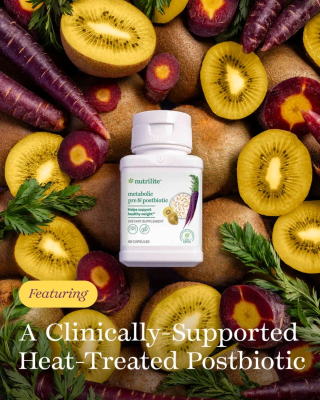 Meet the powerhouse behind our #Nutrilite Metabolic Pre & Postbiotic: heat-treated Postbiotic! 🌟��

Clinically tested, heat-treated #postbiotic is the result of over nine years of dedicated research and development, it's a key ingredient for supporting metabolic health and healthy body composition.* 💜 Additionally, our formula incorporates purple carrot and gold kiwifruit powder, which provide #prebiotic fiber and #phytonutrients for gut health support, and B vitamins that help convert the foods we eat into energy.

It’s easy: just take two ✌ capsules a day to help reach your healthy weight goals!*
#Amway #AmwayLife
